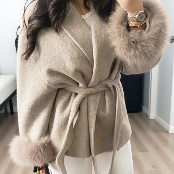 MODA ME COUTURE Jackets & Blazers - Khaki Casual Women's Elegant Long Sleeve Faux Fur trimmed Warm jacket Coat
